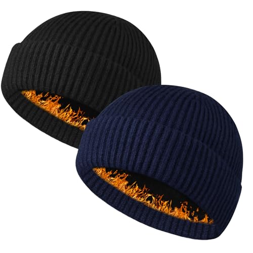 Heniho Wool Fleece Lined Fisherman Beanie for Men, Winter Warm Hats Cuffed Knit Watch Cap Trawler Hat - color: 2pack J- Black&navy