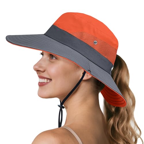 NPQQUAN Ponytail Sun Hats for Women UPF 50+ Wide Visor UV Protection Hat - color: Orange/Grey (Ponytail Hole)