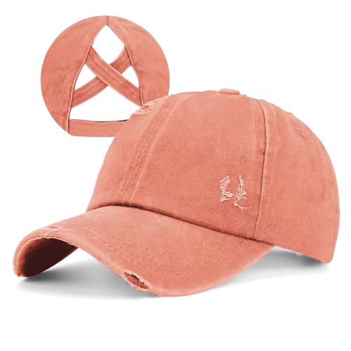 Criss Cross Ponytail Hat Women Washed Distressed Baseball Caps Adjustable High Messy Bun Ponycap - color: B - Denim Orange