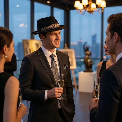 Home Prefer Men's Wool Felt Winter Hat Short Brim Fedora Hat with Feather - color: Black Ring Necked Feather