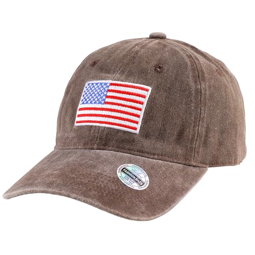 Falari USA Flag Embroidered Baseball Cap, Low Profile Adjustable Dad Hat, 100% Cotton, Pre-Washed - color: Brown