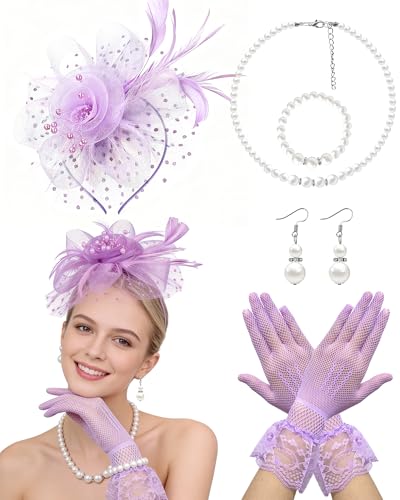 Fascinator Tea Party Hat Set for Women Elegant Vintage Accessories for High Tea Wedding Bridal Shower - color: Light Purple