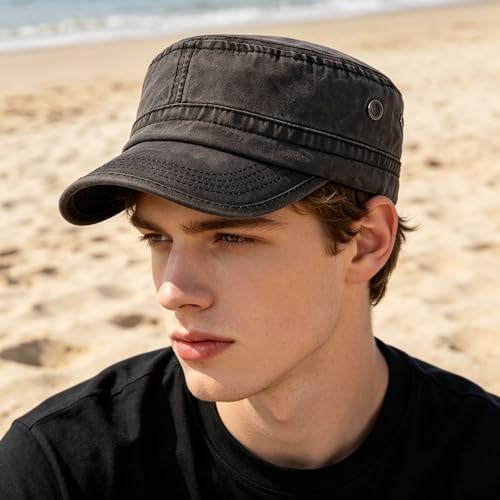Flat Top Cadet Cap, Unisex Military Style Baseball Hat, Classic Army Cap for Men Women Daily Outdoor Street Wear - color: Black