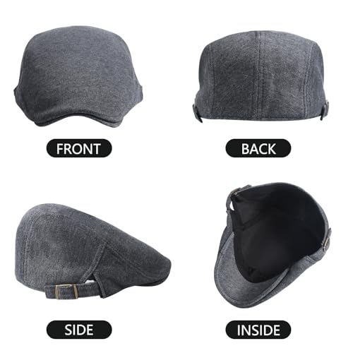 meioro Mens Cotton Newsboy Hat Adjustable Soft Fit Flat Cap for Men - color: Dark Grey
