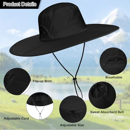 Cooltto L/XL/XXL Wide Brim Sun Hat UPF 50+ UV Protection Boonie Hat - color: Black, size: Medium-Large
