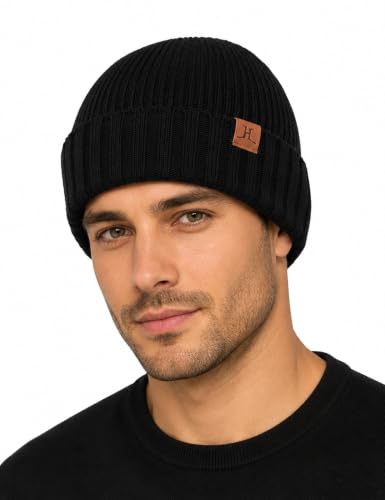 Winter Beanies Hats for Men, Knit Fleece Beanie Skull Caps, Mens Toboggans Ribbed Cuffed Stocking Hat - color: Black