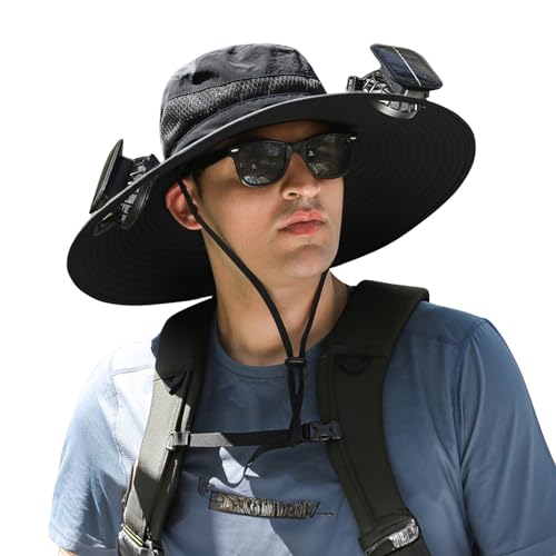 Outdoor Wide Brim Sun Hat with 2 Solar Fan Sun Bucket Hat for Men Women UPF 50+ Bucket Fishing & Beach Hat with Fan Built in - color: Black