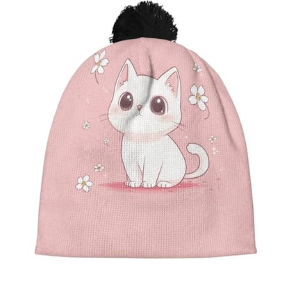 Girls Boys Winter Warm Knit Beanie Pompom Elasticity Slouchy Hat Skull Caps for Childrens - color: Cute Cat and Flower