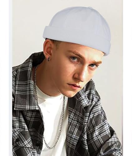 DIYDECAL 3 Pack Mens Brimless Skullcap Sailor Docker Cap Rolled Cuff Retro Beanie Hat - color: White