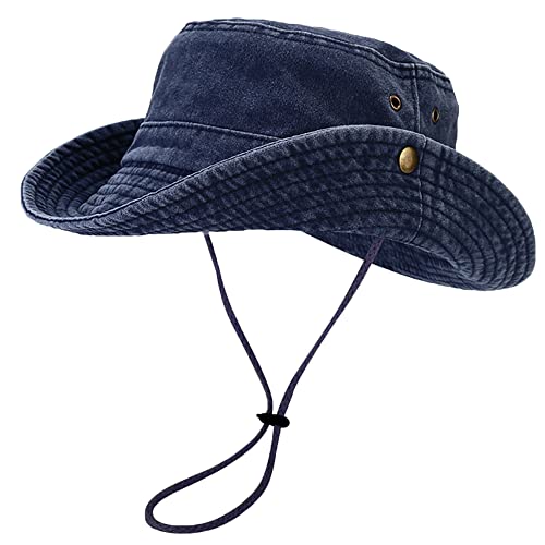 Unisex Cotton Boonie Hat Summer Fishing Bucket Hat Sun Hat with String - color: Retro Dark Blue