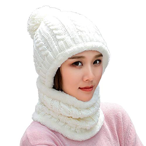 HUAMULAN Women Winter Knit Beanie Hats One Piece Fleece Lined Balaclavas - color: Cream White