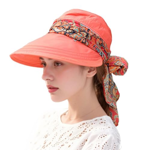 Women Wide Brim Sun Hat Multifunctional Beach Hat Foldable Sun Visor with Removable Neck Flap Bowknot - color: Watermelon Red
