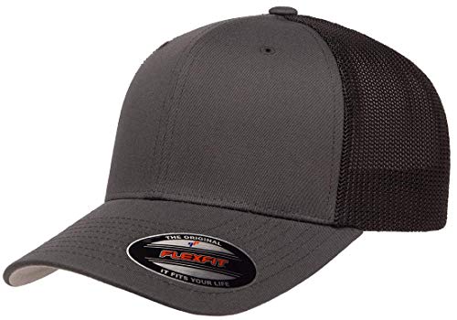 Flexfit 6511 Fitted Mid-Profile Stretchable Mesh Panels Trucker Cap - color: Charcoal/Black, size: Small-Medium