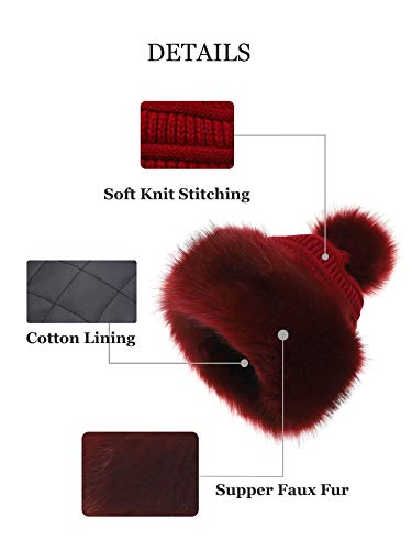 Soul Young Women's Faux Fur Hat Russian Cossack Knit Pompom Hat Ski Snow Cap for Winter Outdoor - color: Burgendy