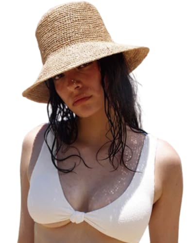 Women's Raffia Straw Bucket Hat Natural Raffia Beach Hat Handmade Woven Foldable Sun Hats Summer Travel Cap - color: Natural