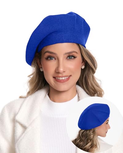 Women's Knitted Beret, French Style Double Layer Winter Autumn Warm and Soft Beanie Hat Cap - color: Royal Blue