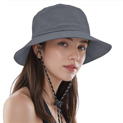 Womens Waterproof Bucket Hat - Packable Sun Hat UV Protection Hiking Hats with Adjustable Drawstring for Outdoor Activities - color: Grey