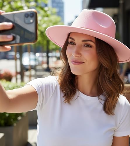 Lisianthus Women Classic Felt Fedora Wide Brim Hat with Belt Buckle - color: Pink