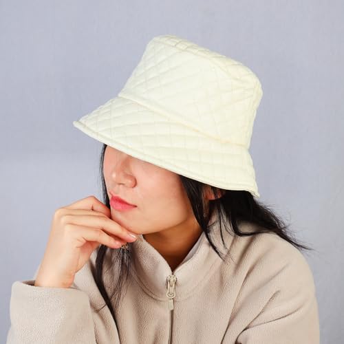 MILAKOO Warmly Quilted Bucket Hat for Women Men Rhombus-Grid Fisherman Cap Retro Plaid Puffer Hearwear - color: White