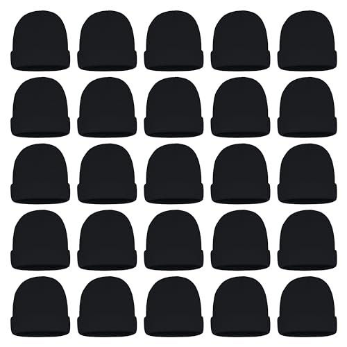 25 Pack Winter Beanie Hats, Unisex Thermal Toboggan Cold Weather Cuffed Caps Bulk Bundle - color: Black