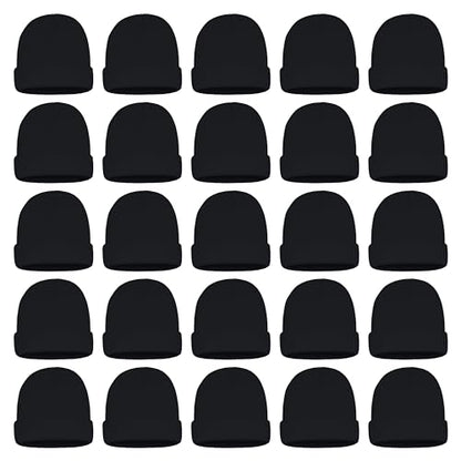 25 Pack Winter Beanie Hats, Unisex Thermal Toboggan Cold Weather Cuffed Caps Bulk Bundle - color: Black