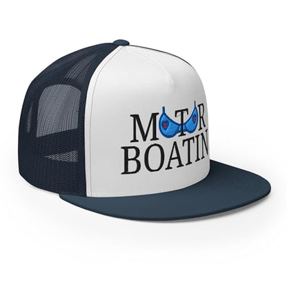NX Motor Boatin Embroidered Flat Bill Trucker Hat High Crown Snapback Cap - color: Navy/ White/ Navy