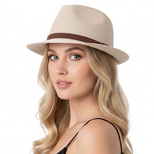Straw Sun Hat for Men Women Short Brim Beach Trilby Hat UPF 50+ - color: Brown Belt Beige