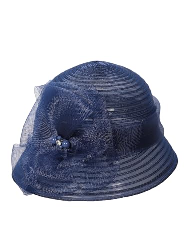 Kentucky Fascinators Hat with Flower Veil Wedding Pillbox Hats Pearl Rhinestone Women Cocktail Fedoras Derby Cap - color: Navy