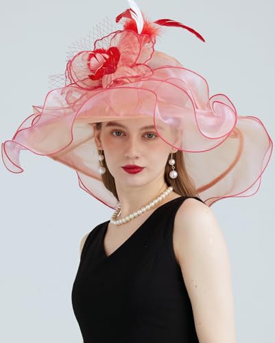 Women's Organza Church Kentucky Hat Fascinato Wedding Cocktail Tea Party Derby Hats Sun Hat - color: 04-pink Orange