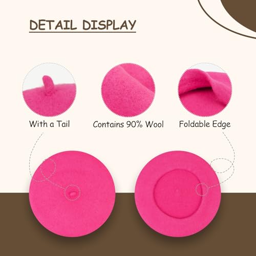 Gllutt Women Wool Beret Hat French Style Solid Color - color: Hot Pink