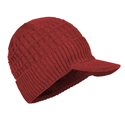 Women's Soft Knitting Visor Beanie Winter Hat with Brim Fleece Lining Baseball Cap - color: Red