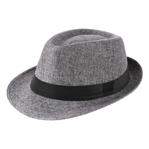Sun Fedoras Hats for Men Women Trilby Panama Jazz Beach Hat Summer UPF50+ Vintage Short Brim Anti-UV Cap with Band - color: Dark Grey
