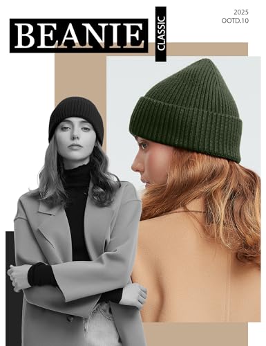 vidsel 50% Wool Thick Beanie Hat Men Women, Seamless Cuffed Winter Knit Cap - color: 2pcs Black, Army Green
