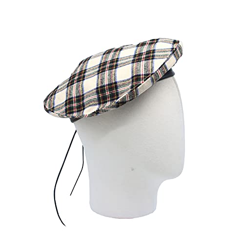 WITHMOONS Cotton Plaid Beret Hat Tartan Check French Beanie Cap YZF0083 - color: Ivory