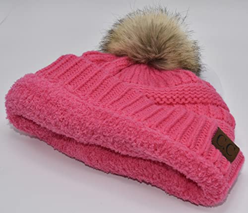 C.C Trendy Fuzzy Fleece Lined Warm Comfortable Soft Stretch Cable Knit Ribbed Faux Fur Pom Pom Beanie Hat - color: Candy Pink