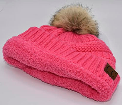 C.C Trendy Fuzzy Fleece Lined Warm Comfortable Soft Stretch Cable Knit Ribbed Faux Fur Pom Pom Beanie Hat - color: Candy Pink