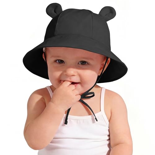Zando Wide Brim Baby Sun Bucket Hat 0-4T UPF 50+ - Sun Protection Toddler Beach Hats with Bear Ears Infant Hat Adjustable - color: Black, size: 12-24 Months
