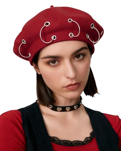 AWAYTR Punk Beret Hat for Women - 90% Wool Blend Goth Alt French Cap - color: Wine Red