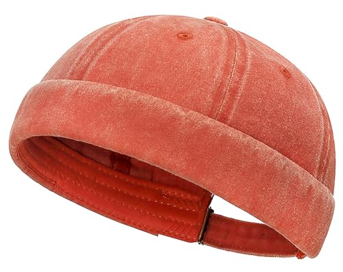 DIYDECAL Vintage Washed Cotton Sailor Docker Cap for Men, Brimless Skull Cap with Classic Retro Style - color: Orange