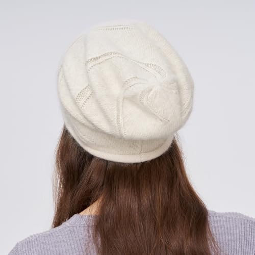 Women's Knitted Angora Wool Hat for Autumn and Winter Warm and Stylish with Rolled Brim and Slanted Rhinestones Cap - color: New-beige