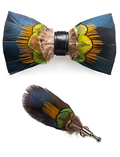 RBOCOTT Handmade Feather Pre-tied Bow tie and Brooch Sets for Men - color: Peacock Blue/Yellow