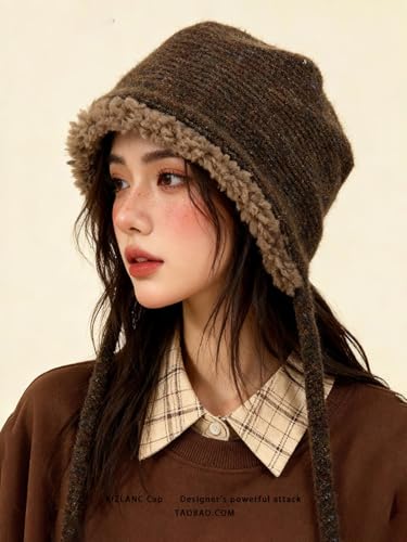 Women Winter Fleece Beanies Hat with Ear Flaps Soft Warm Crochet Skull Cap - color: A Coffee