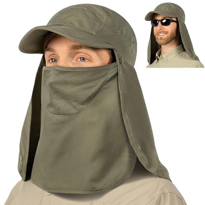 SUN CUBE Fishing Sun Hat with Neck Flap & Face Cover, Wide Brim UPF50+ Cap - color: Olive