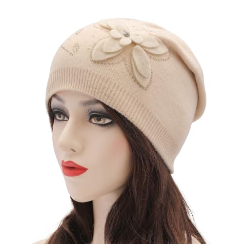 ZLYC Women Floral Slouchy Beanie Hat Double Layer Winter Knit Skull Cap - color: Butterfly Beige