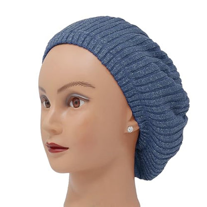 Hair Snood, Knit Slouchy Beret Beanie Lightweight, Jewish Head Coverings for Women, Cancer Headwear for Women Chemo Sleep Hat - color: Dark Denim Thin Ribbed