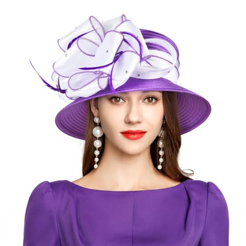 2026 Bucket Hats for Women Ladies Girls, Autumn Winter Fascinator Hat for Derby Kentucky Church Bridal UV Protection - color: 4585purple/White