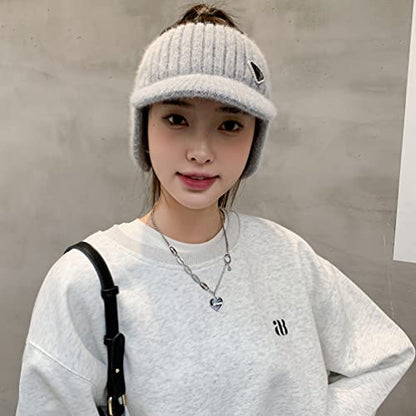 Open Beanie with Earflaps Visor Brim Bun Ponytail Winter Golf Tennis Hats Women - color: Grey