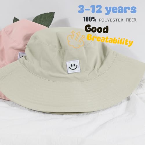 Kids Sun Hat Smile Face Bucket Hat Toddler Hat Wide Brim Adjustable Strap - color: Beige, size: 3-8T