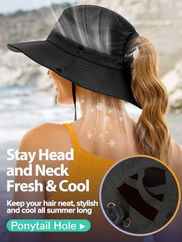 EW East Water Sun Beach Hat for Women, UPF50+ Waterproof with Ponytail Hole - color: Black