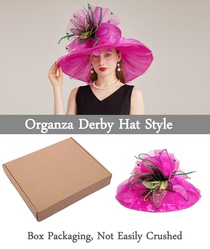 Women Derby Fascinator Hat Organza Church Wedding Hats Wide Brim Cocktail Tea Party Hat - color: 37fuchsia